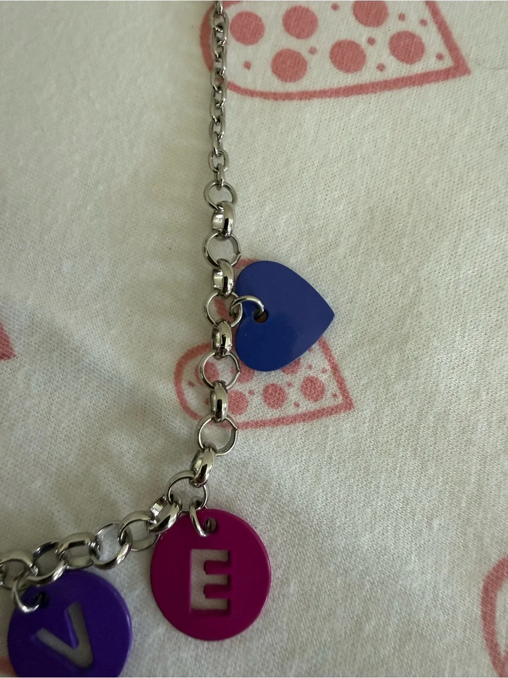 GAP Silver Tone  Adjustable LOVE Necklace with Pink, Purple & Blue Charms NWT